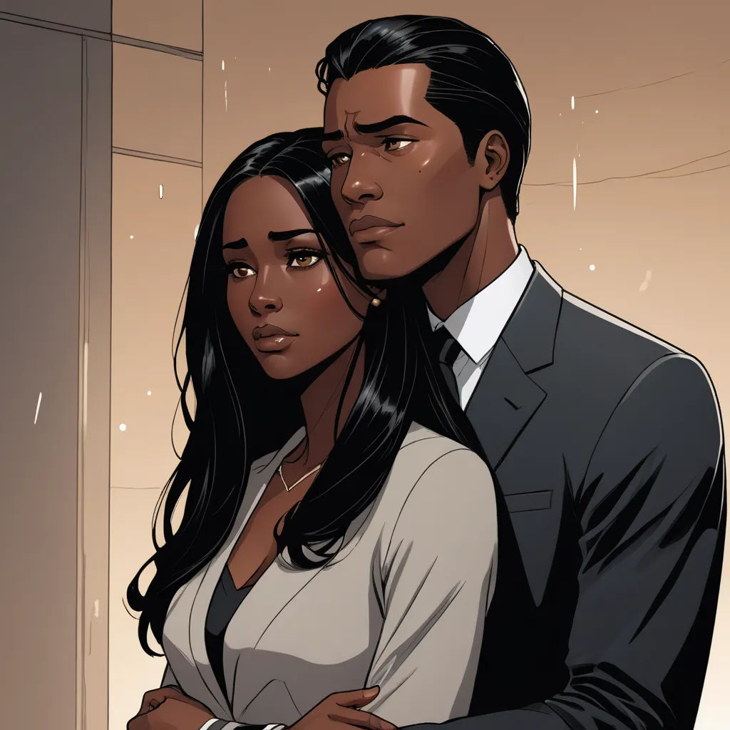 a man and a woman standing next to each other in a room with a door open and rain falling on them, harlem renaissance, a comic book panel, Cedric Seaut (Keos Masons), comic cover art