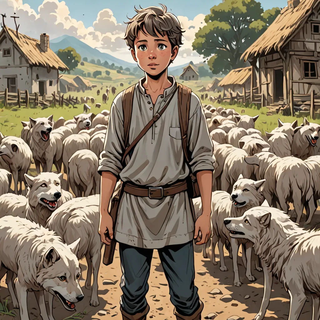a boy standing in front of a herd of sheep in a village with a thatched roof house on the hill, fantasy art, a storybook illustration, Asaf Hanuka, comic cover art