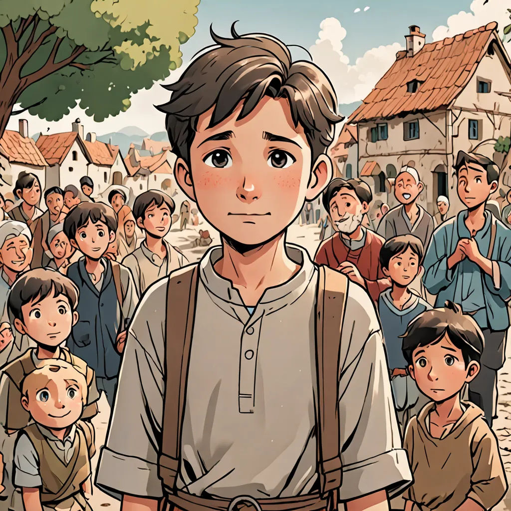 a boy standing in front of a crowd of people in a village with a tree in the background and a man in a brown shirt, magical realism, a storybook illustration, Asaf Hanuka, graphic novel