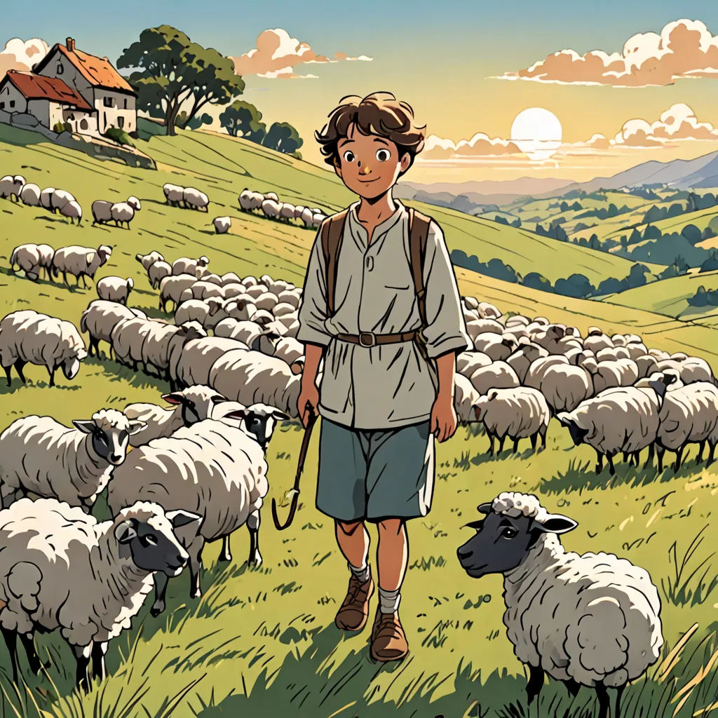 a boy is walking with a herd of sheep in a field of grass and grass hills in the background, les automatistes, a comic book panel, Asaf Hanuka, ghibli