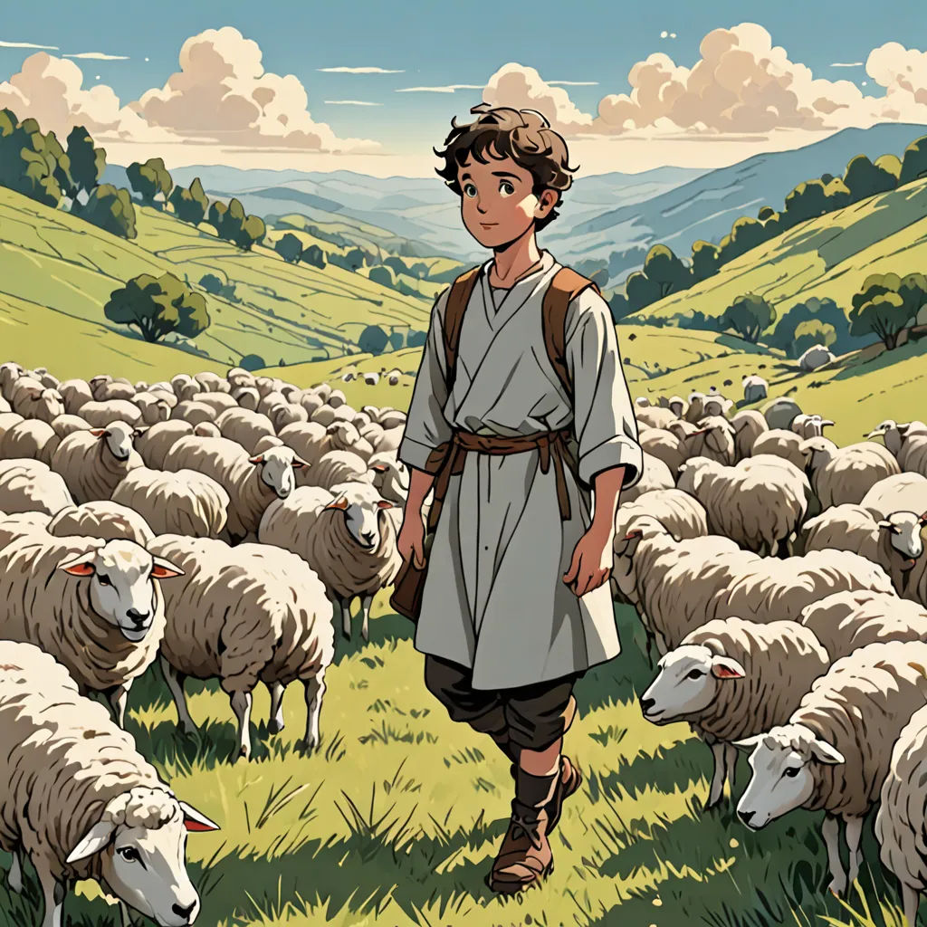a man in a field with a herd of sheep in the background, with a sky background and clouds, context art, poster art, Asaf Hanuka, color page