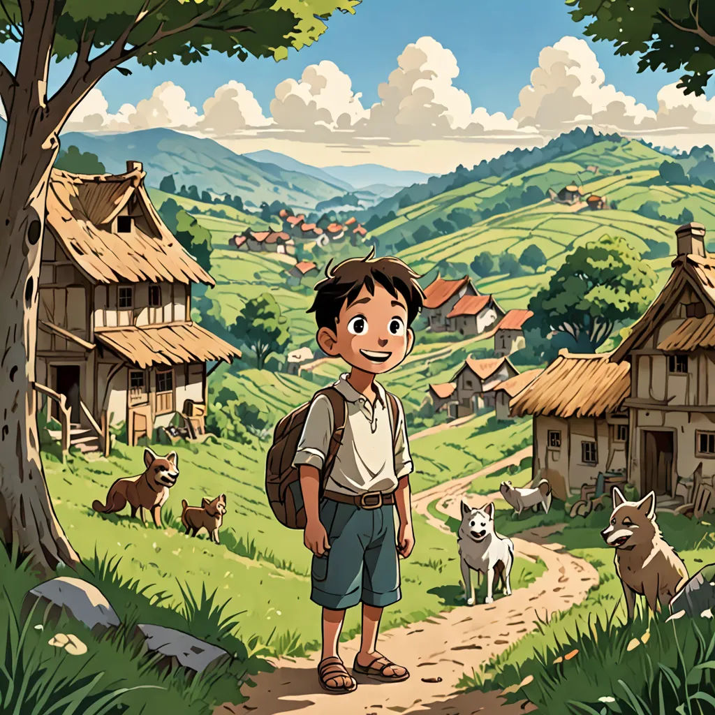 a boy standing in a village with animals around him and a dog on the other side of the village, sots art, a storybook illustration, Diego Gisbert Llorens, official art