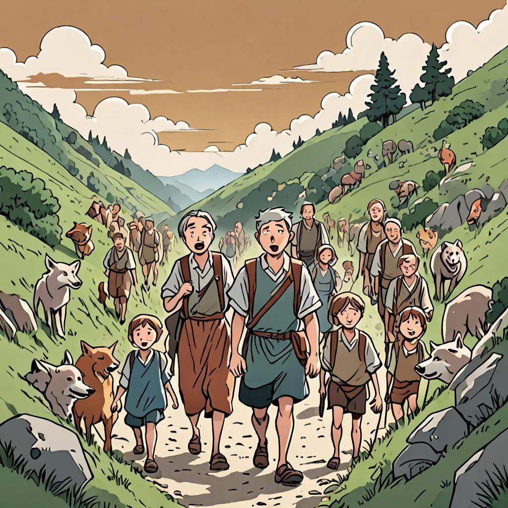 a group of people walking down a dirt road next to a forest filled with animals and sheep on a hillside, context art, a storybook illustration, Asaf Hanuka, graphic novel