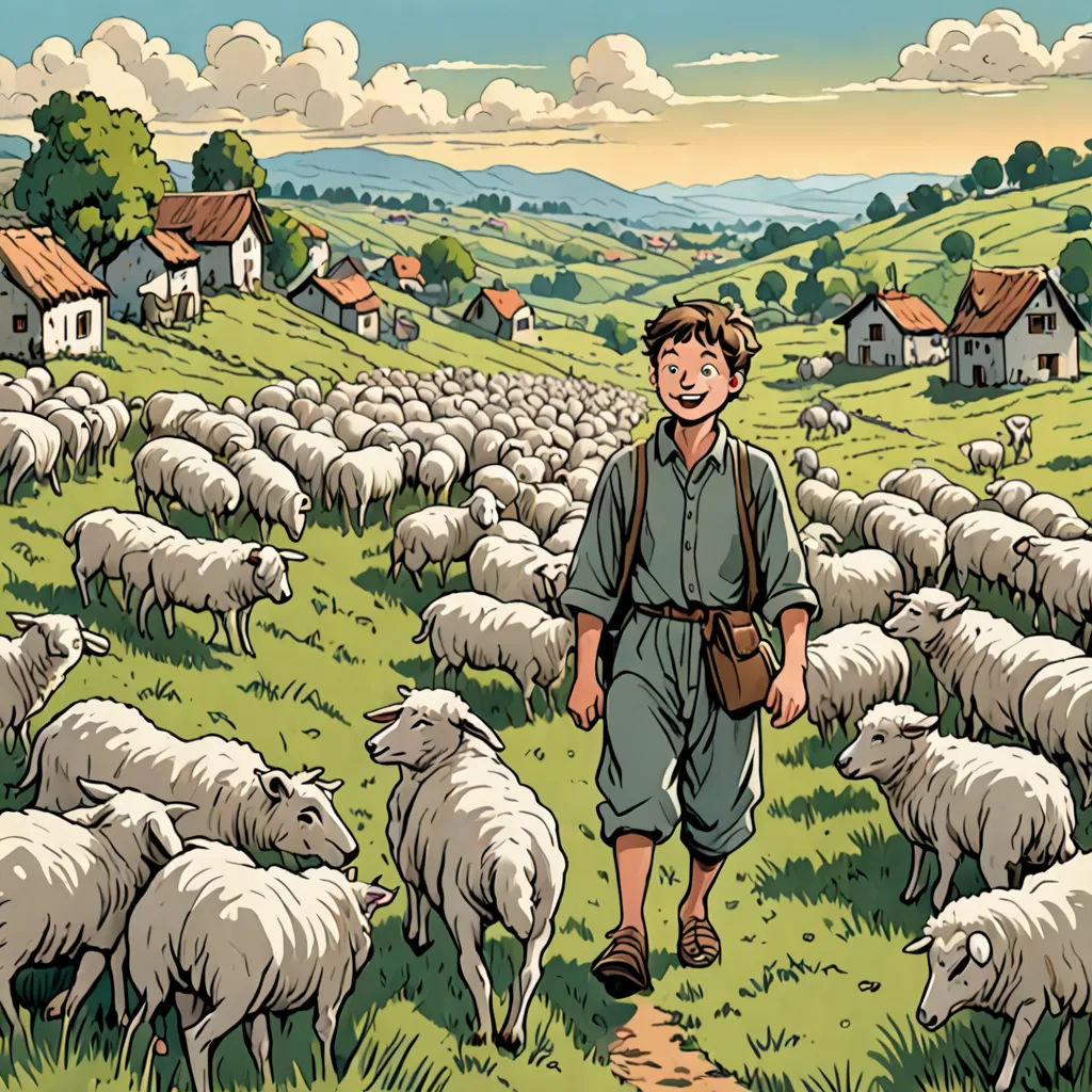 a boy walking through a field with a herd of sheep behind him, with a house in the background, les automatistes, a storybook illustration, Asaf Hanuka, comic cover art