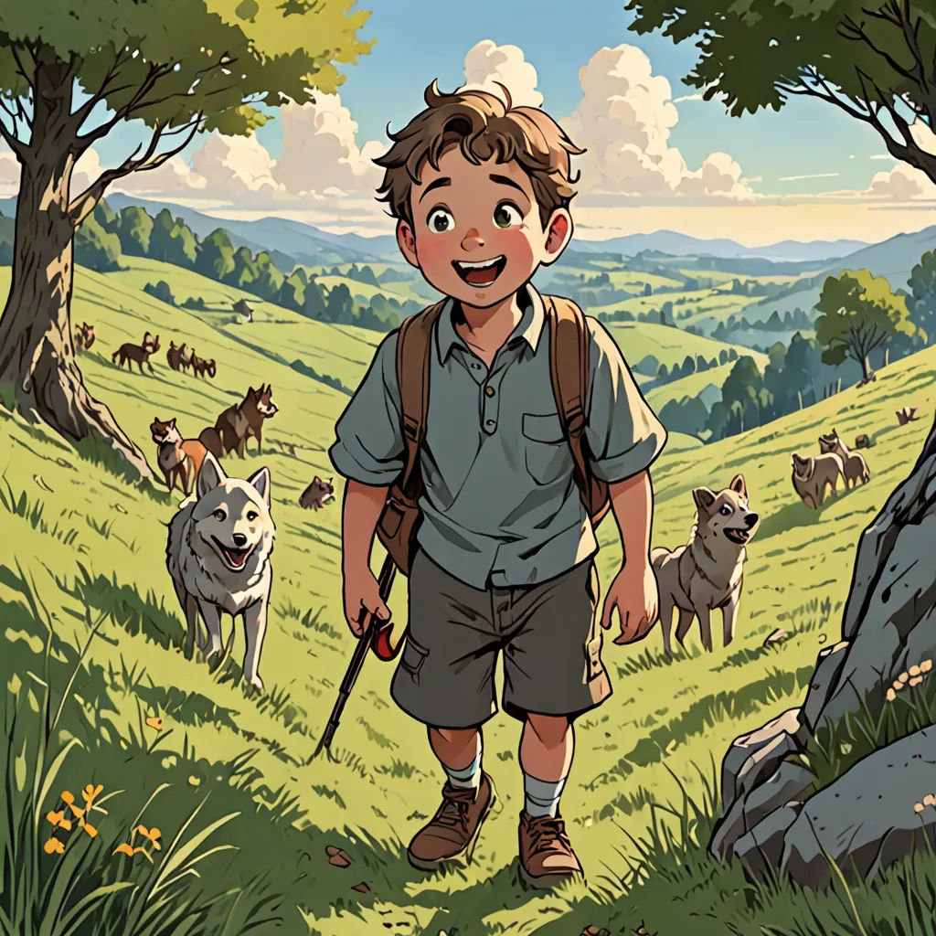 a boy with a backpack is walking through a field with animals in the background and a dog in the foreground, furry art, a storybook illustration, Asaf Hanuka, comic cover art