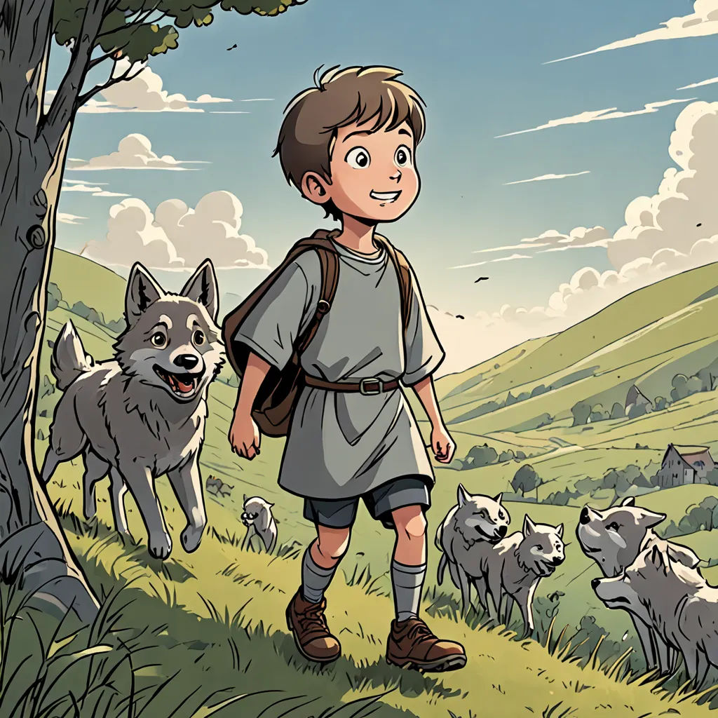 a boy in a field with a dog and a tree in the background, with a sky background and clouds, fantasy art, a storybook illustration, Diego Gisbert Llorens, comic cover art
