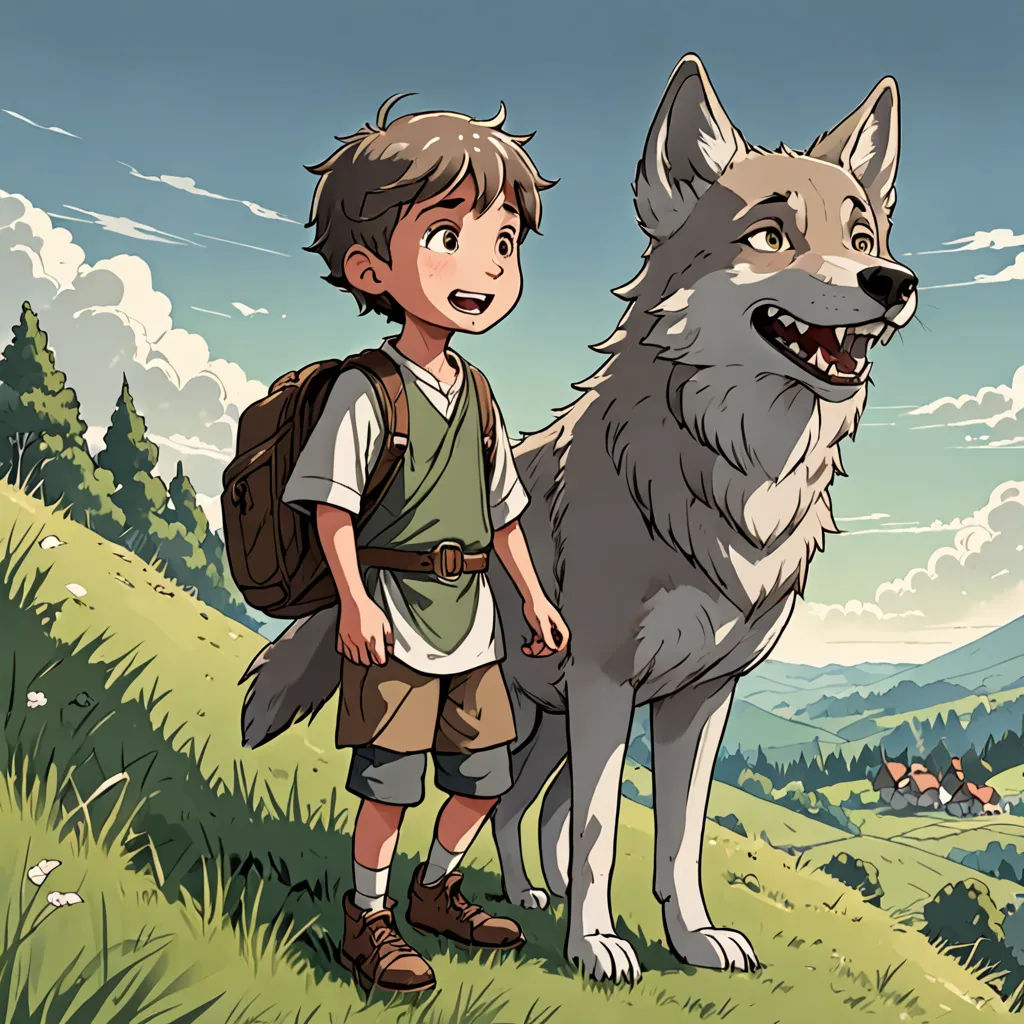 a boy and a wolf standing in a field with a sky background and clouds in the background, with a person standing next to the wolf, furry art, a storybook illustration, Cliff Childs, official art