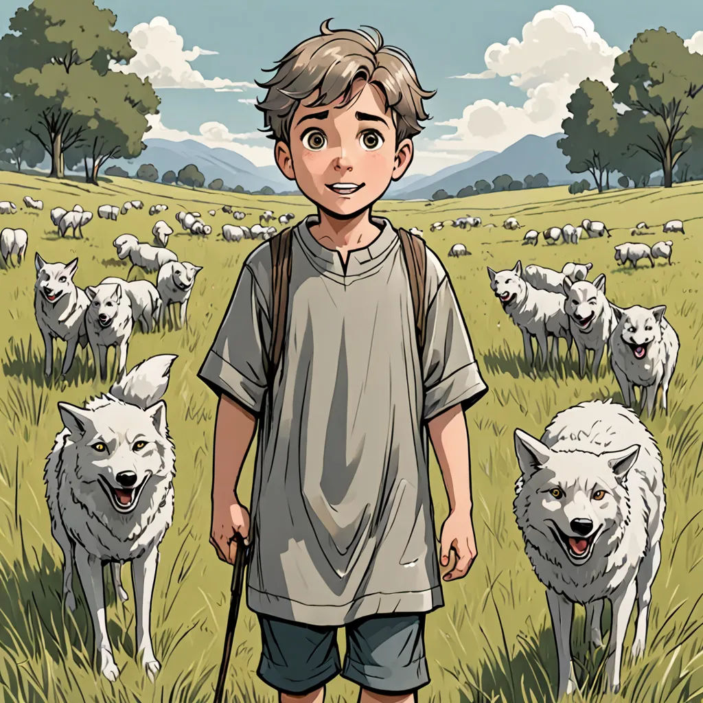 a boy standing in a field with a stick in his hand and a herd of sheep behind him, with a sky background, furry art, a comic book panel, Asaf Hanuka, comic cover art