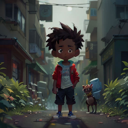 a boy standing in the middle of a street next to a dog and a building with a sign that says,