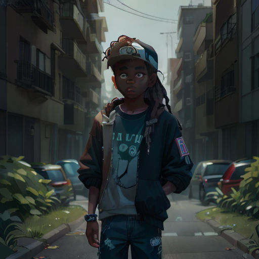 a young man standing on a city street wearing a hat and jacket with dreadlocks on his head