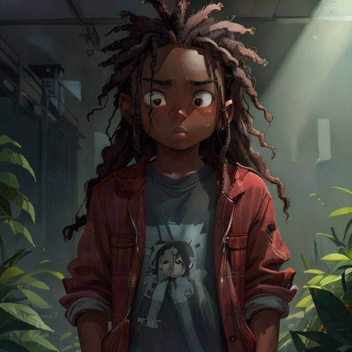 a young man with dreadlocks standing in a jungle with plants and plants around him, looking at the camera