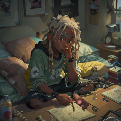 a young person sitting on a bed with a book and a pen in their hand and a book in front of them