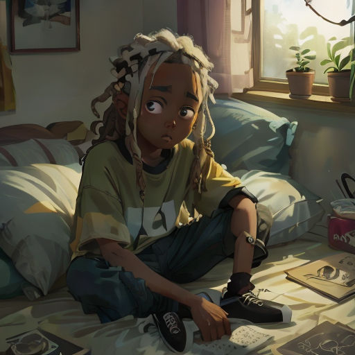a young girl sitting on a bed with a pair of sneakers on her feet and a plant in the corner