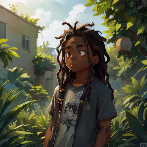 a young boy with dreadlocks standing in a jungle with a house in the background and a blue sky