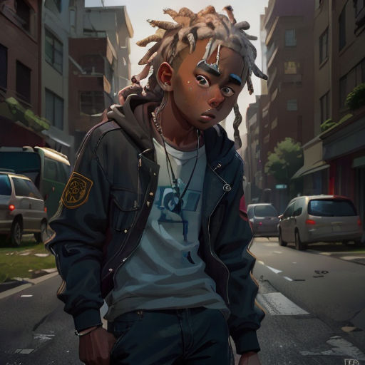 a man with dreadlocks standing on a street corner in a city with cars and buildings in the background