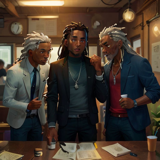 three men standing around a table with papers and a book on it, one of them is wearing dreadlocks