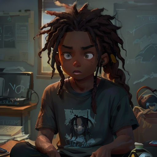 a young man with dreadlocks sitting in a room with a computer monitor and a clock on the wall
