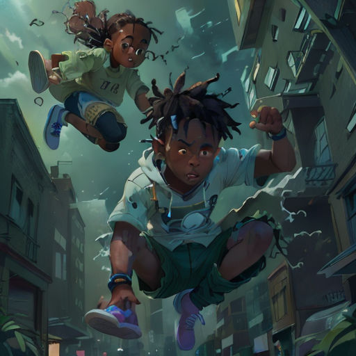 a couple of kids flying through the air in a city street at night with a sky background and a building