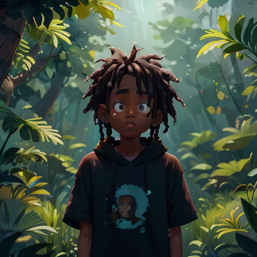 a young boy with dreadlocks standing in a jungle with a light shining through the trees behind him