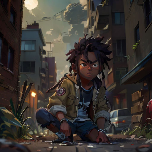 a young man with dreadlocks crouches down in a city street at night, with a full moon in the background