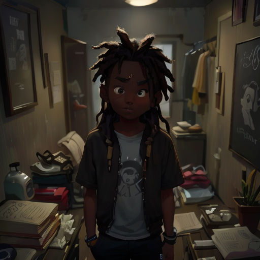a young man with dreadlocks standing in a room with a desk and books on it, with a mirror in the background