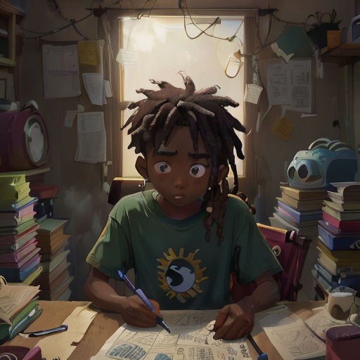 a young boy sitting at a desk with a pile of books and a pen in his hand and a pile of books on the desk