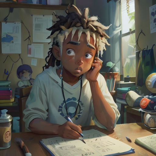 a young boy sitting at a desk with a pen and paper in his hand and a book in front of him
