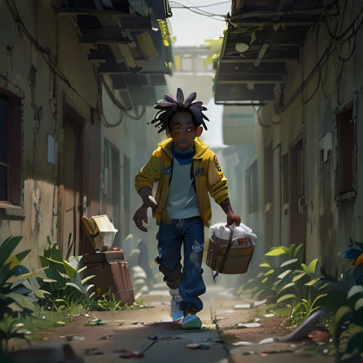 a young man walking down a street holding a basket and a ball in his hand and a backpack on his shoulder