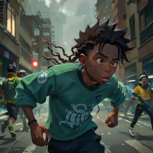 a man running down a street in a cartoon style with a lot of people behind him and a red light
