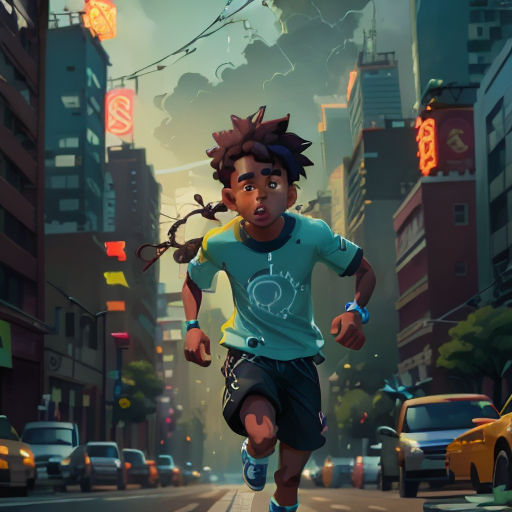 a boy running down a city street in a cartoon style, with a cityscape in the background