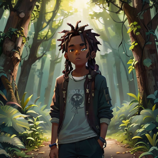 a young man with dreadlocks standing in a forest with trees and plants on either side of him