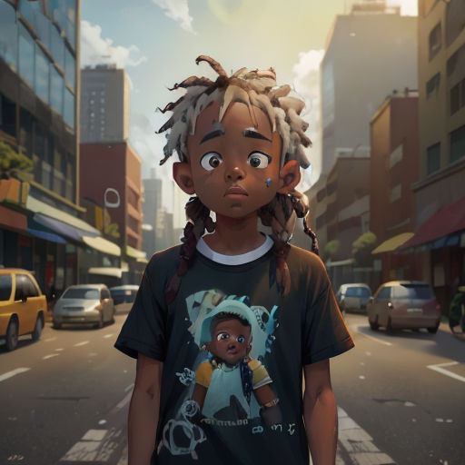 a young boy with dreadlocks standing on a street corner in a cartoon style with a cityscape in the background