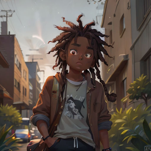 a young man with dreadlocks walking down a street in a cartoon style, with a backpack on