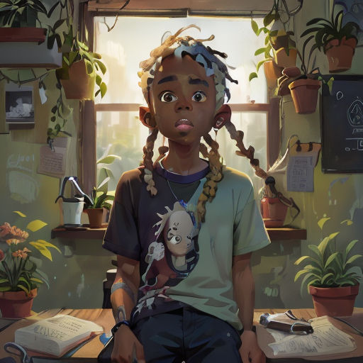 a young boy with dreadlocks sitting at a desk in front of a window with a book and a plant