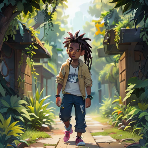 a young man with dreadlocks walking down a path in a jungle area with a house in the background