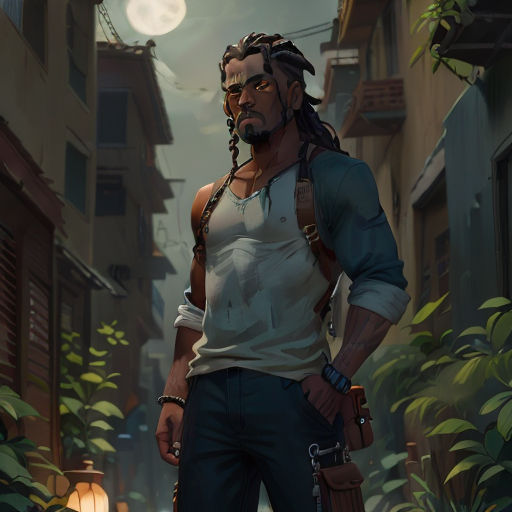 a man with dreadlocks and a gun in a city street at night with a full moon in the background