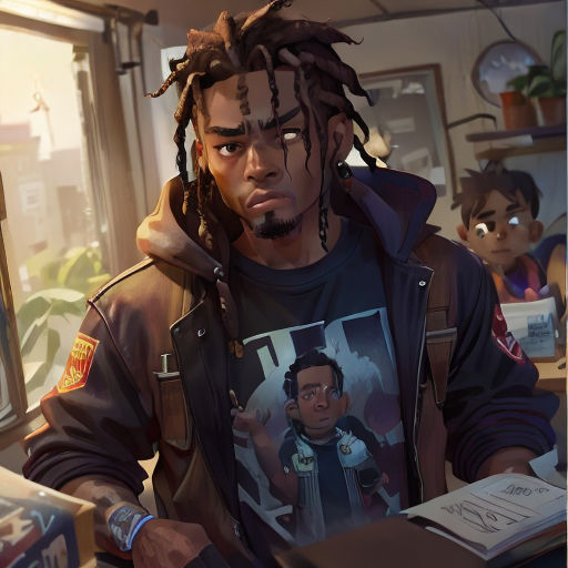 a man with dreadlocks standing in a room with a window and a book on his desk and a poster of a man with a picture of himself