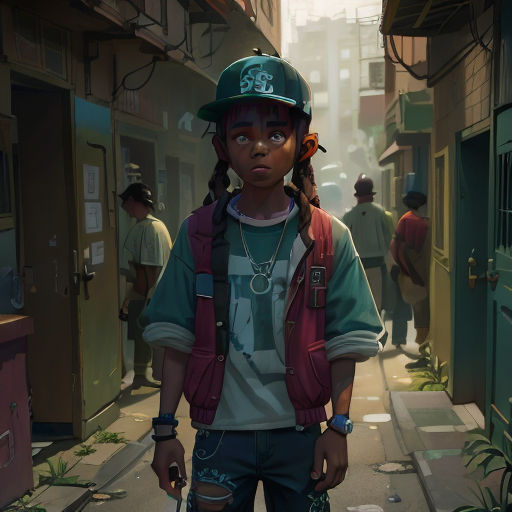 a boy with a baseball cap and a backpack on a city street with other people walking by him and a green door