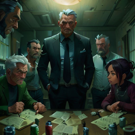 a group of people sitting around a table with papers and pens on it, and a man in a suit standing in front of them