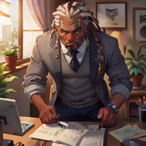 a man in a suit and tie is looking at a book and a laptop computer on a desk with papers and pens