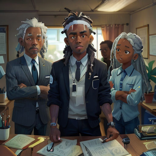 a group of people standing around a desk with papers and pens in front of them and a man in a suit