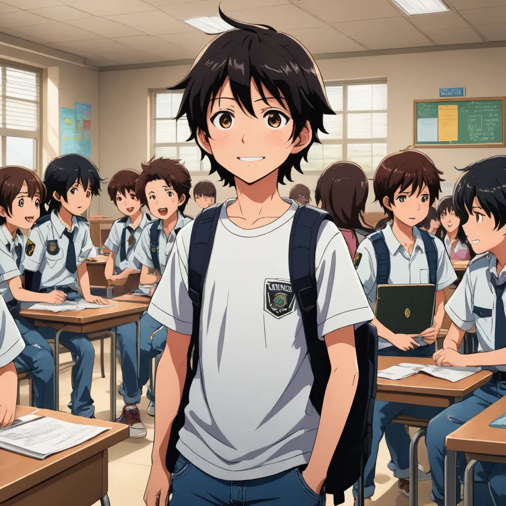 a boy in a classroom with a backpack on his shoulder and a group of other students behind him, all looking at the camera, remodernism, an anime drawing, Adam Manyoki, official art