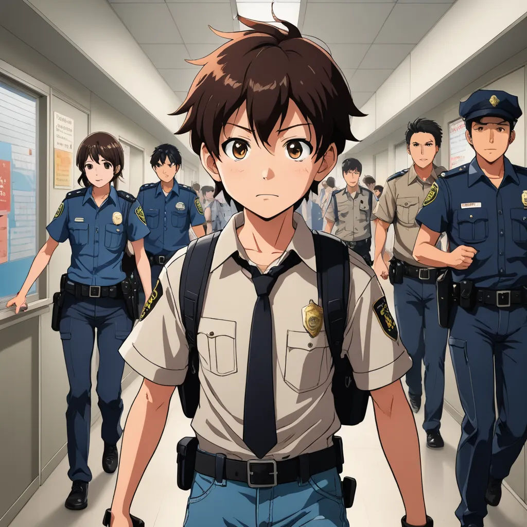 a group of police officers walking down a hallway together in uniform, with a man in the middle of the hallway, sots art, concept art, Adam Manyoki, official art