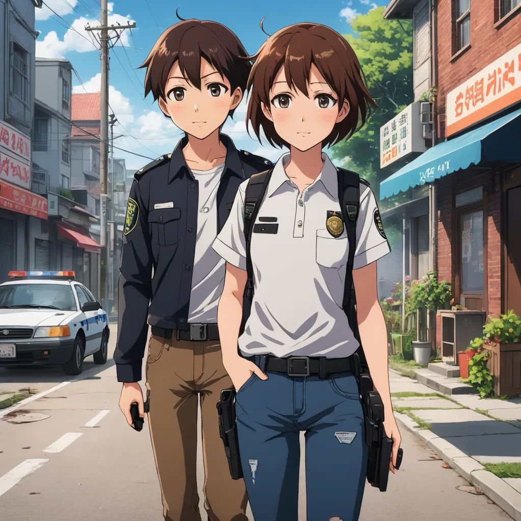 two people standing on a street in front of a police car and a building with a sign that says,, sots art, concept art, Ai-Mitsu, anime key visual