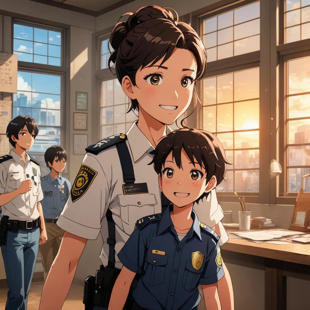 a police officer and a girl in a classroom with other people in the background in a cartoon style,, sots art, concept art, Aya Goda, official art