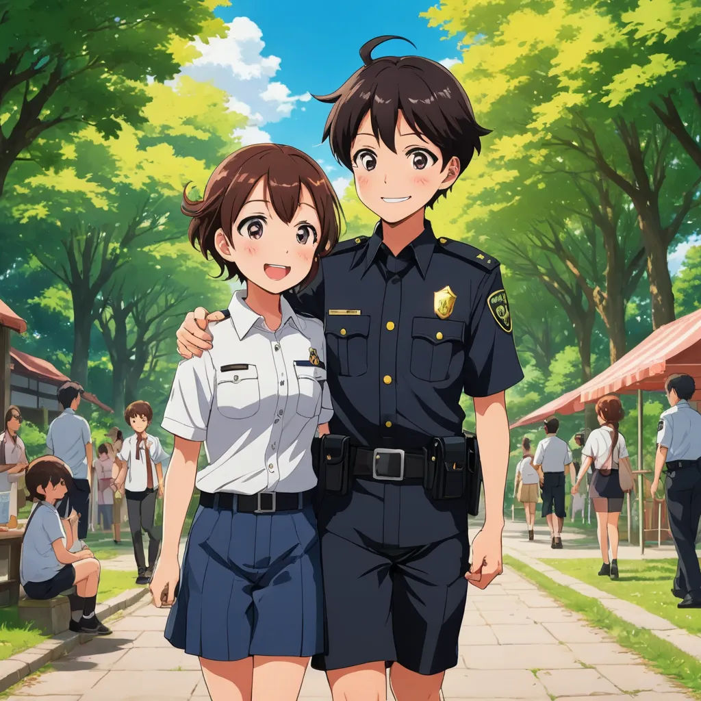 a couple of people that are standing in the grass with trees in the background and people in the background, excessivism, concept art, Aya Goda, official art