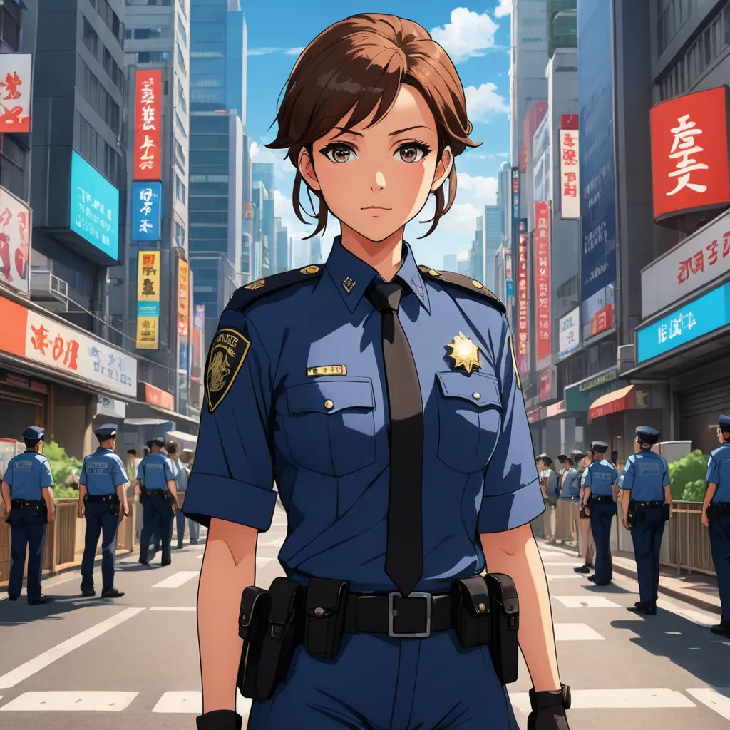 a woman in a police uniform standing in the middle of a street with a lot of people in the background, remodernism, concept art, Eizan Kikukawa, official art