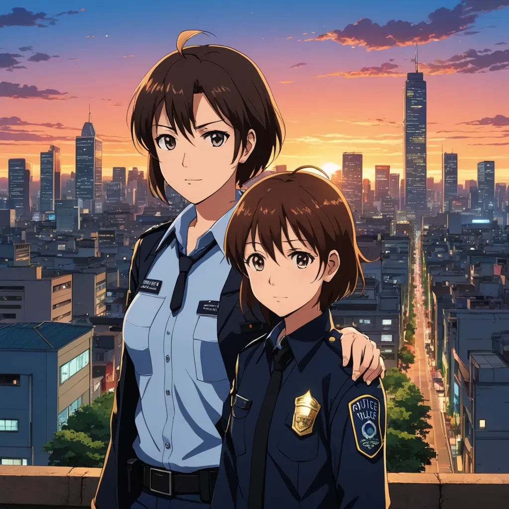 two people standing next to each other in front of a cityscape at sunset with the sun setting, serial art, concept art, Aya Goda, official art