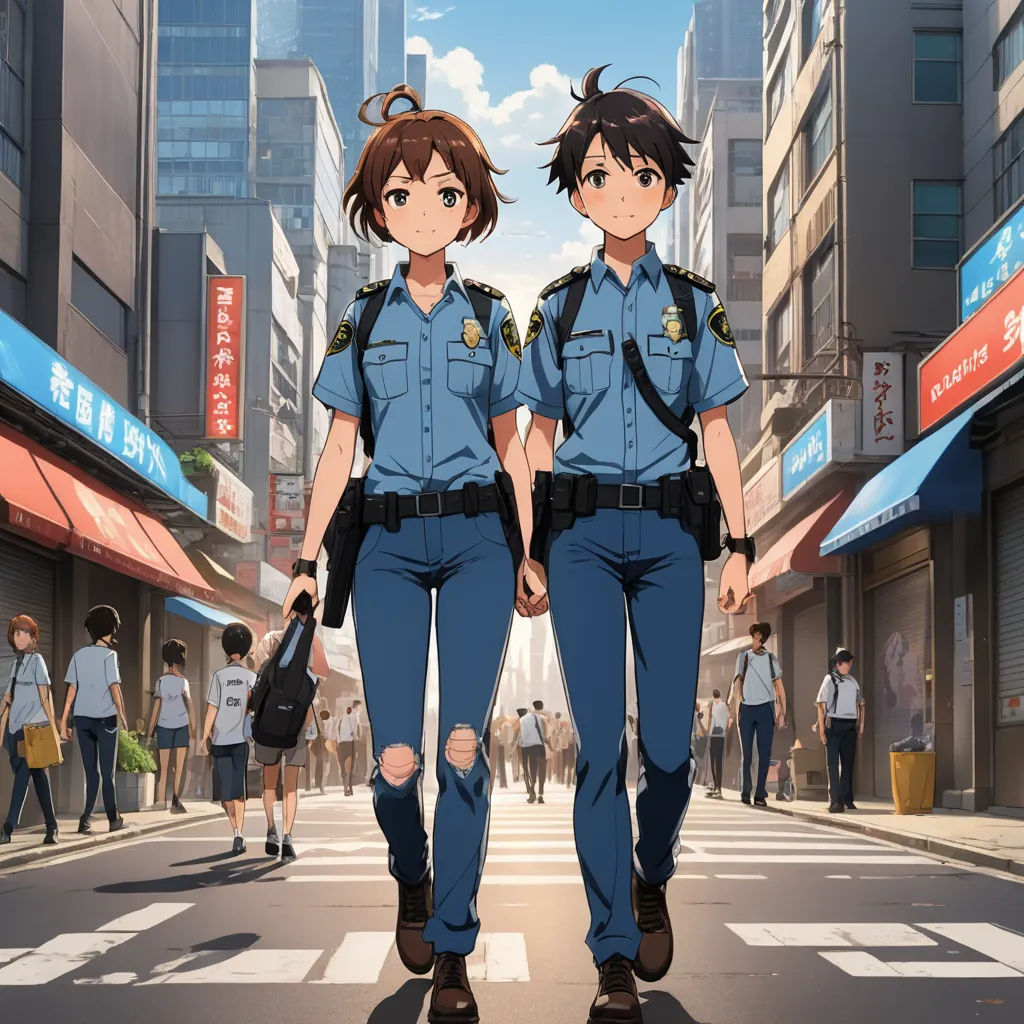 two people walking down a street in a city with tall buildings and people walking on the sidewalk in the background, sots art, concept art, Ai-Mitsu, anime key visual
