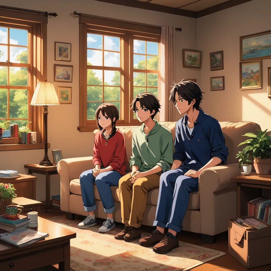 a group of people sitting on a couch in a living room next to a window with a lamp on, american scene painting, a painting, Brothers Hildebrandt, official art